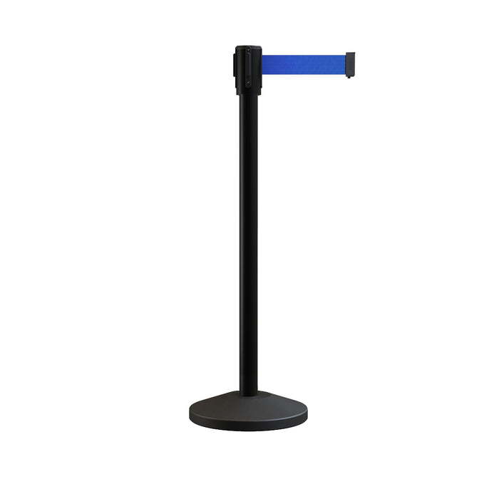 Retractable Belt Barrier Stanchion, Sloped Base, Black Powder Coated Post, 9 ft Belt - Montour Line M530 - Crowd Control Warehouse
