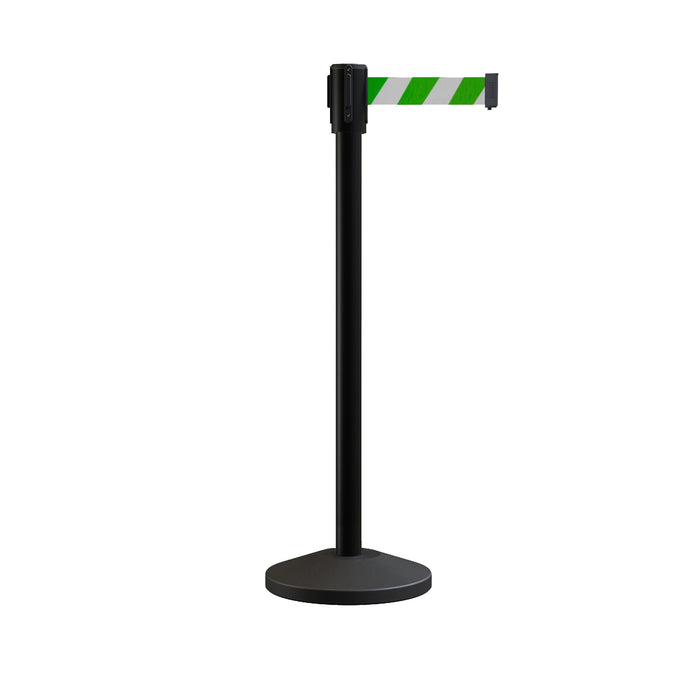 Retractable Belt Barrier Stanchion, Sloped Base, Black Powder Coated Post, 9 ft Belt - Montour Line M530 - Crowd Control Warehouse
