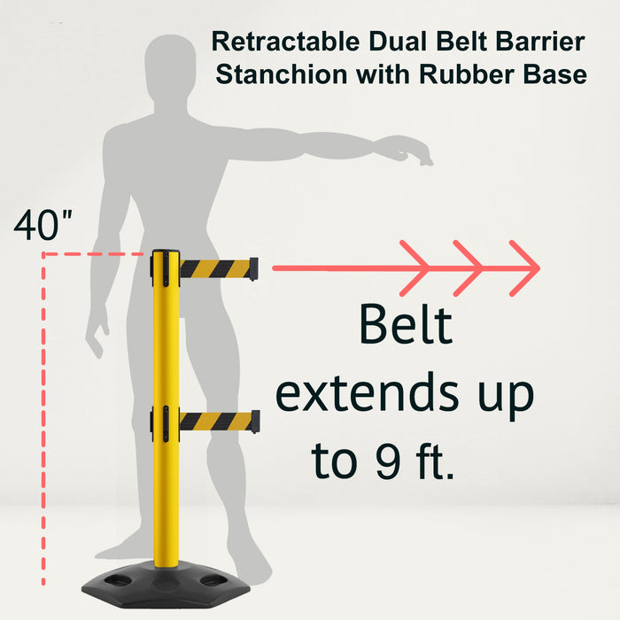 Retractable Dual Belt Barrier Stanchion, Heavy - Duty Rubber Base, 11 ft Belt - Montour Line MSR630D - Crowd Control Warehouse