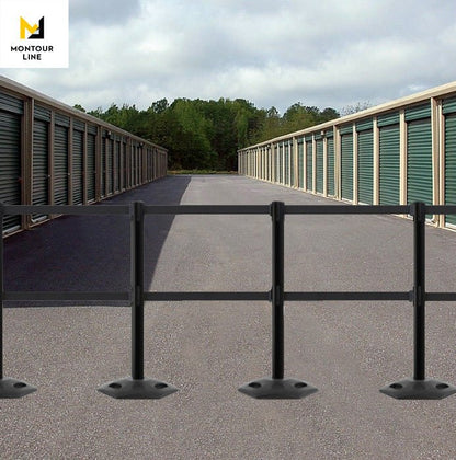 Retractable Dual Belt Barrier Stanchion, Heavy - Duty Rubber Base, 11 ft Belt - Montour Line MSR630D - Crowd Control Warehouse