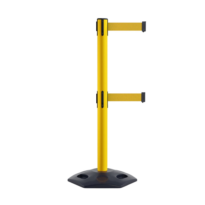 Retractable Dual Belt Barrier Stanchion, Heavy - Duty Rubber Base, 13 ft Belt - Montour Line MSR630D - Crowd Control Warehouse