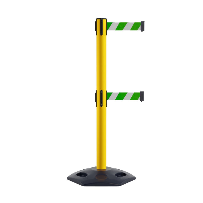 Retractable Dual Belt Barrier Stanchion, Heavy - Duty Rubber Base, 13 ft Belt - Montour Line MSR630D - Crowd Control Warehouse