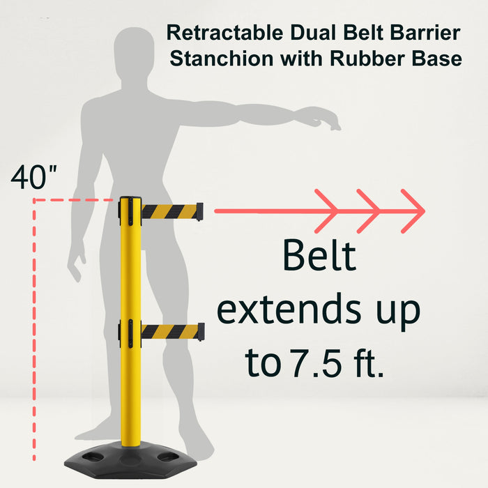 Retractable Dual Belt Barrier Stanchion, Heavy - Duty Rubber Base, 7.5 ft Belt - Montour Line MSR630D - Crowd Control Warehouse
