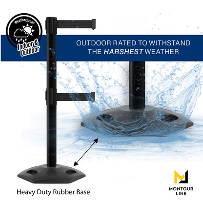 Retractable Dual Belt Barrier Stanchion, Heavy - Duty Rubber Base, 7.5 ft Belt - Montour Line MSR630D - Crowd Control Warehouse