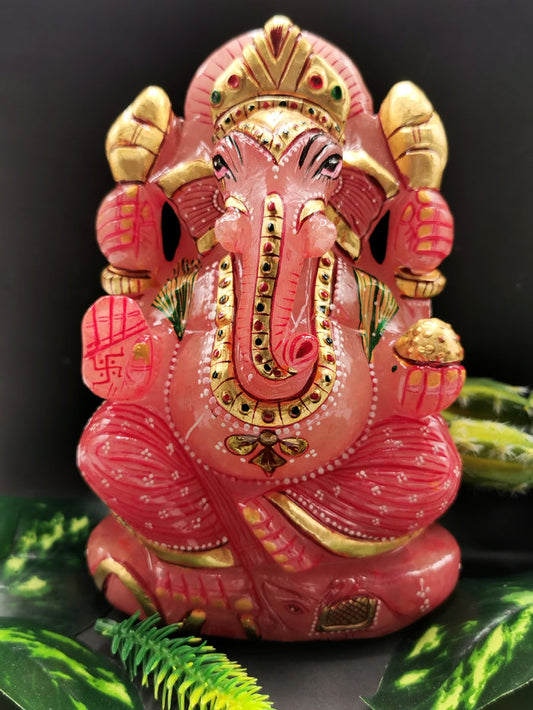 Rose Quartz Handmade Carving of Ganesh with handpainting -  Ganesha Idol in Crystals - Shwasam