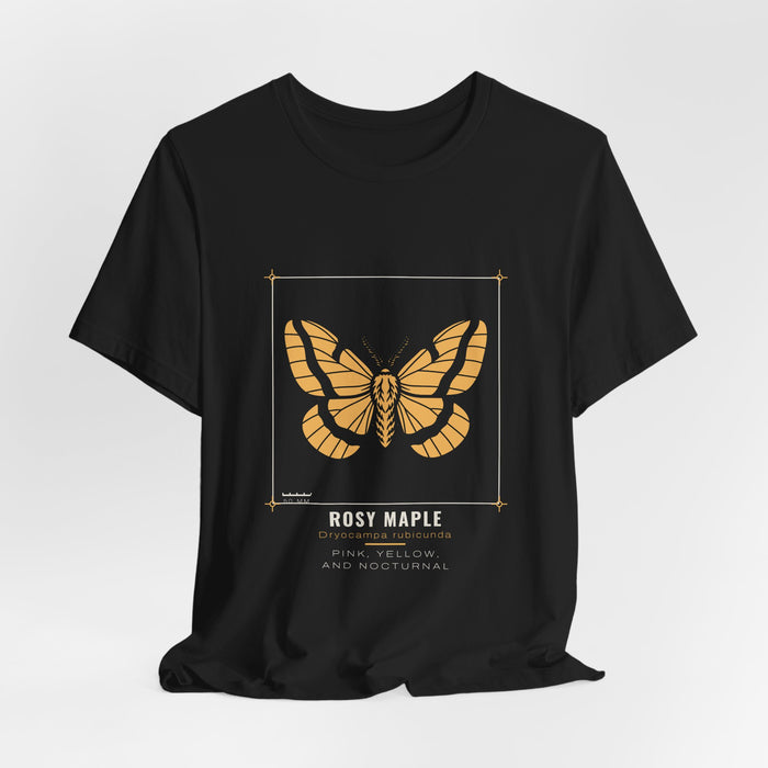 Black Rosy Maple t-shirt shown draped, front print visible.