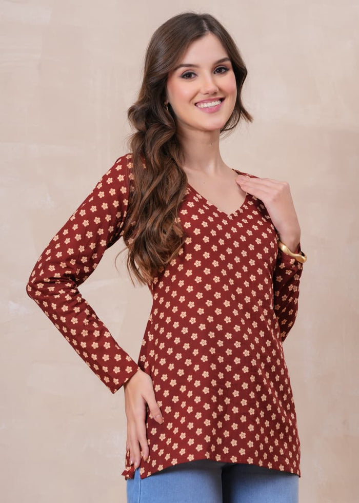 RUST BLOSSOM FULL SLEEVES  SHORT KURTI