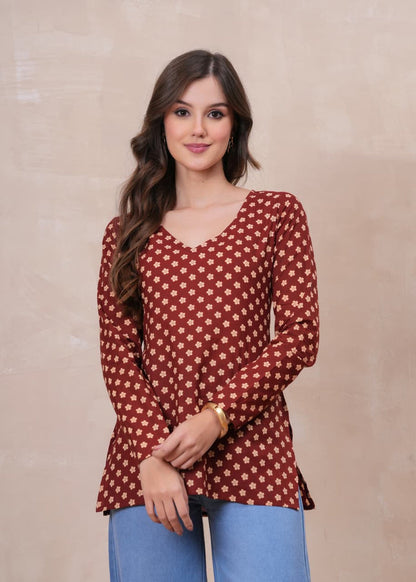RUST BLOSSOM FULL SLEEVES  SHORT KURTI