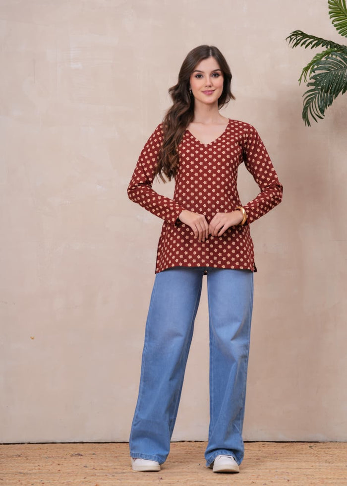 RUST BLOSSOM FULL SLEEVES  SHORT KURTI
