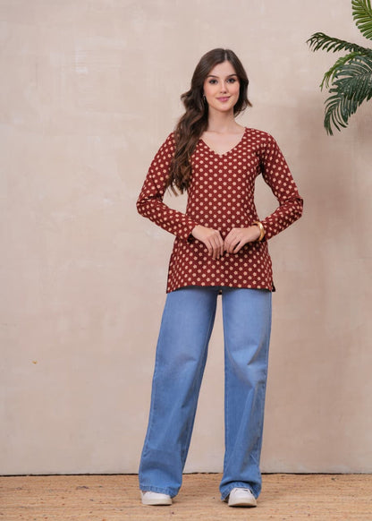 RUST BLOSSOM FULL SLEEVES  SHORT KURTI