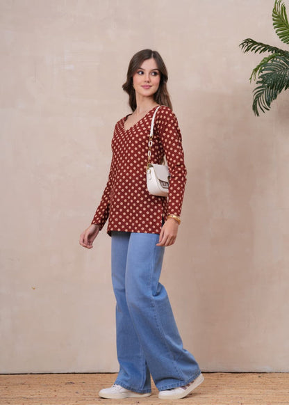 RUST BLOSSOM FULL SLEEVES  SHORT KURTI