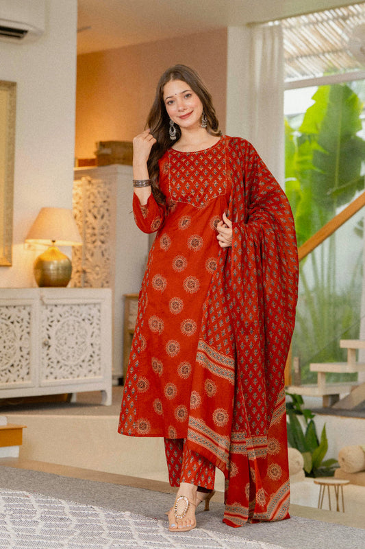 RUST ORANGE BLOCK PRINT STRAIGHT SUIT SET