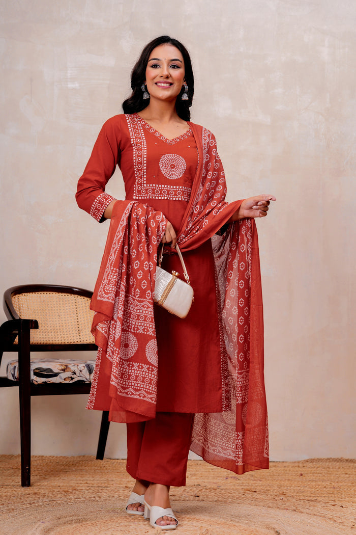 RUST ORANGE SOLID STRAIGHT SUIT STE