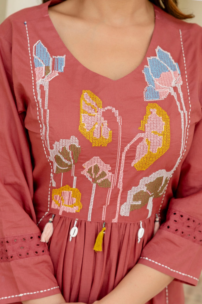 RUST PINK TASSEL EMBROIDERY SUIT SET