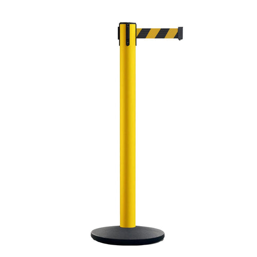 Safety Retractable Belt Barrier Stanchion, Heavy Duty Cast Iron Base, 14 ft Belt – Montour Line MSI650 - Crowd Control Warehouse