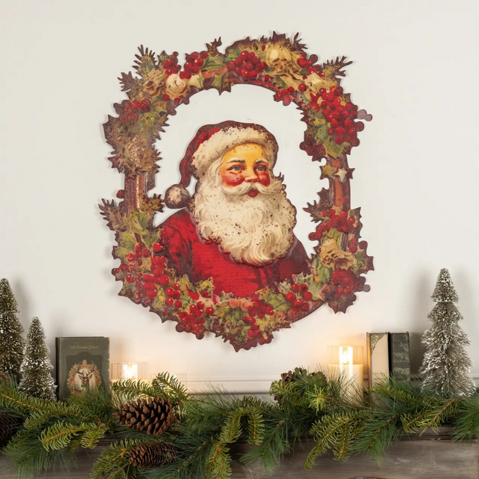 Santa in Wreath Metal Wall Plaque
