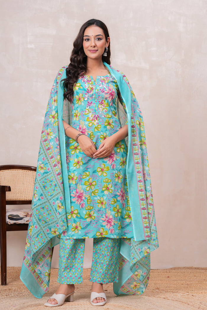 SEA GREEN PRINTED STRAIGHT SUIT SET