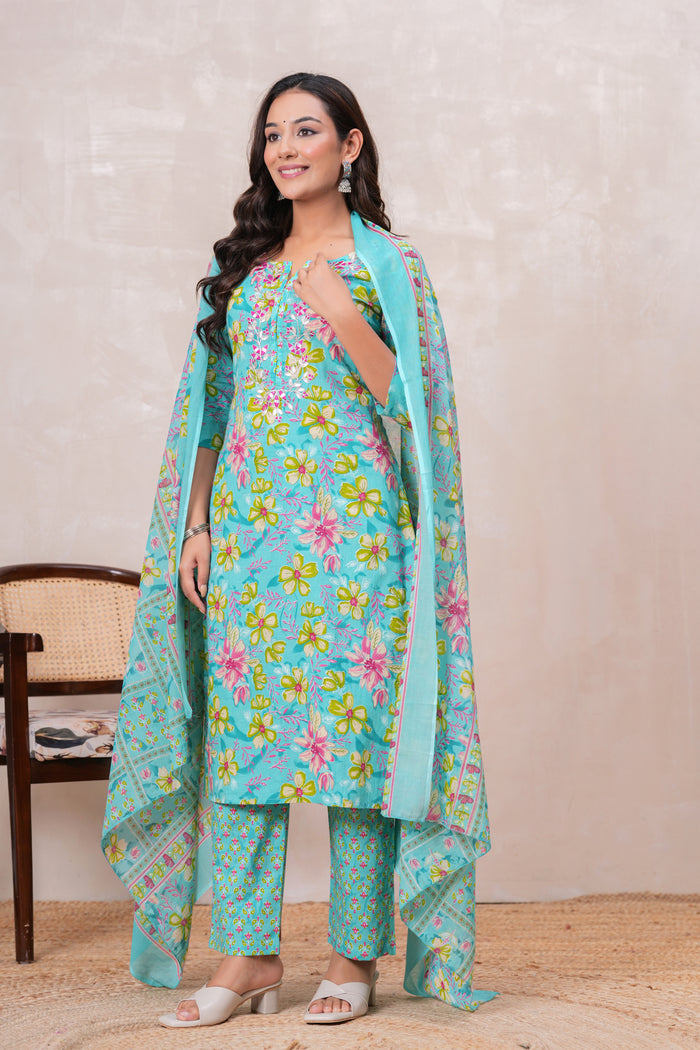 SEA GREEN PRINTED STRAIGHT SUIT SET