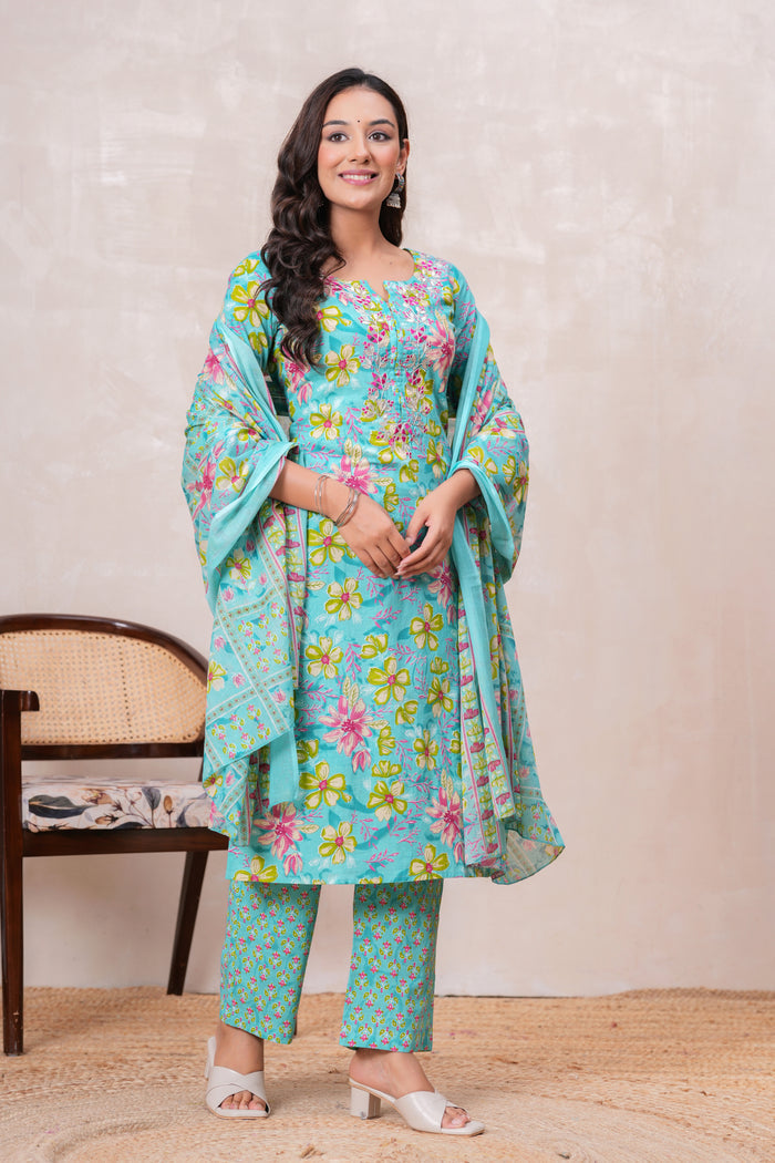 SEA GREEN PRINTED STRAIGHT SUIT SET