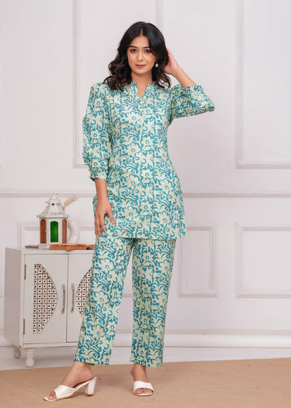 SEA GREEN PUFF SLEEVES CORD SET