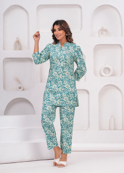 SEA GREEN PUFF SLEEVES CORD SET