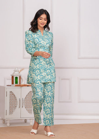SEA GREEN PUFF SLEEVES CORD SET
