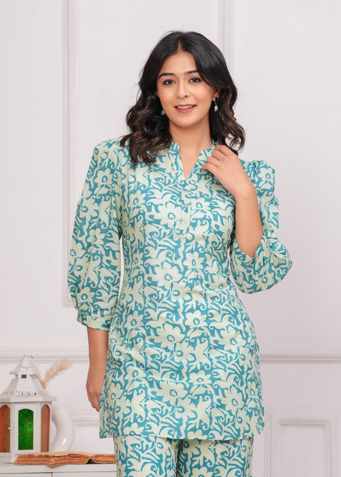 SEA GREEN PUFF SLEEVES CORD SET
