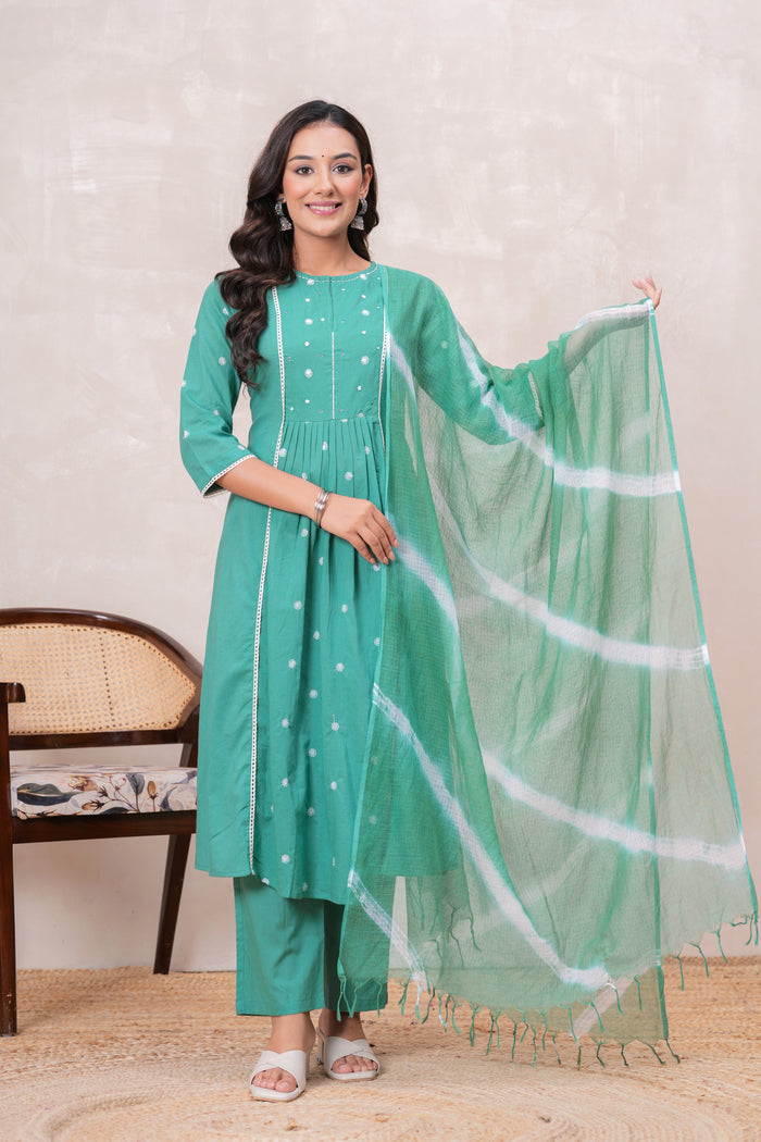SEA GREEN SOLID PLEATED SUIT SET