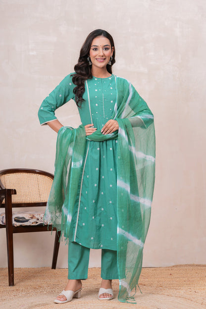 SEA GREEN SOLID PLEATED SUIT SET
