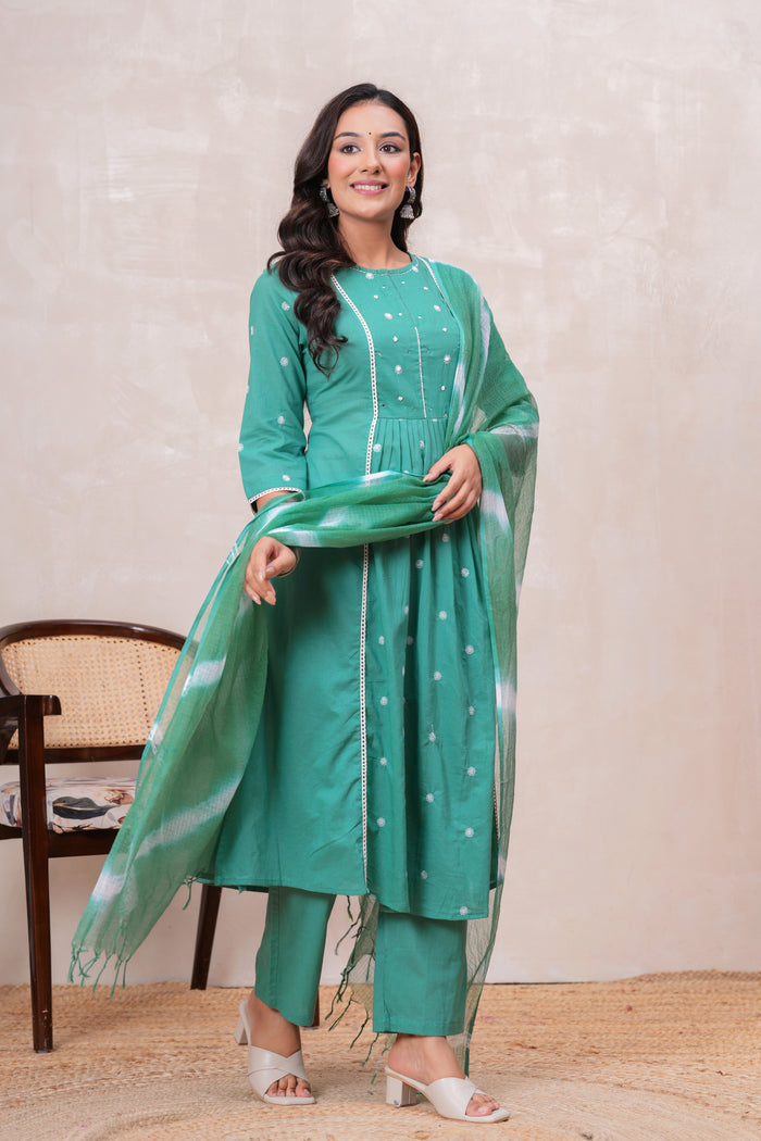 SEA GREEN SOLID PLEATED SUIT SET