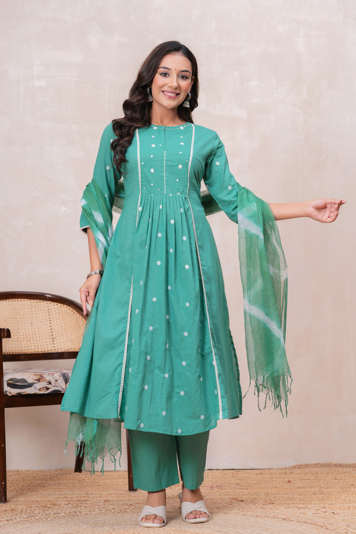 SEA GREEN SOLID PLEATED SUIT SET