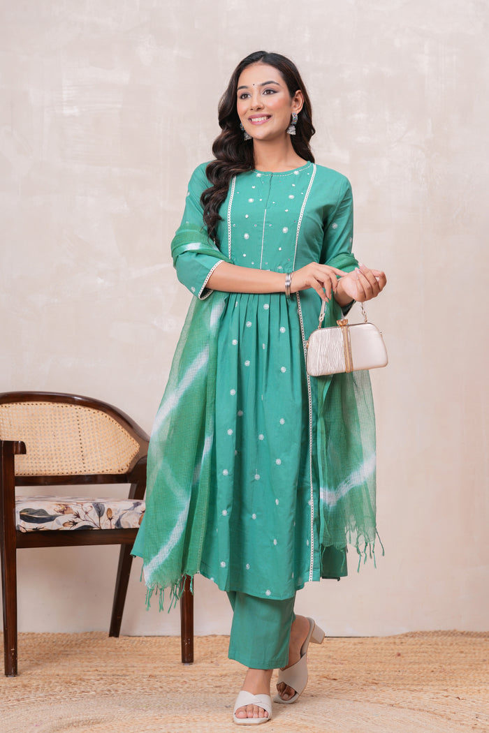 SEA GREEN SOLID PLEATED SUIT SET