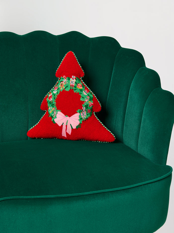Shiraleah Merry Wreath Tree Shaped Pillow, Red
