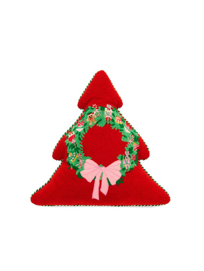 Shiraleah Merry Wreath Tree Shaped Pillow, Red