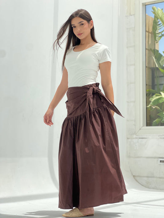 Side Tie Maxi Skirt-Brown