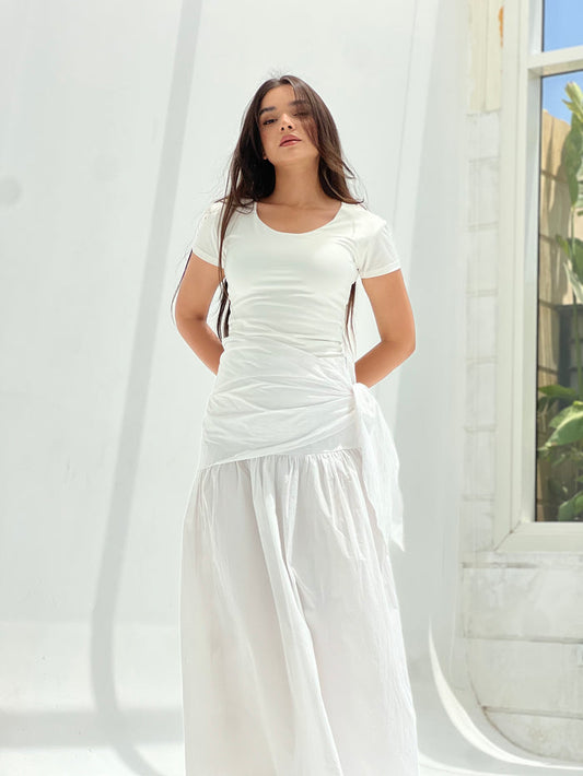 Side Tie Maxi Skirt-White
