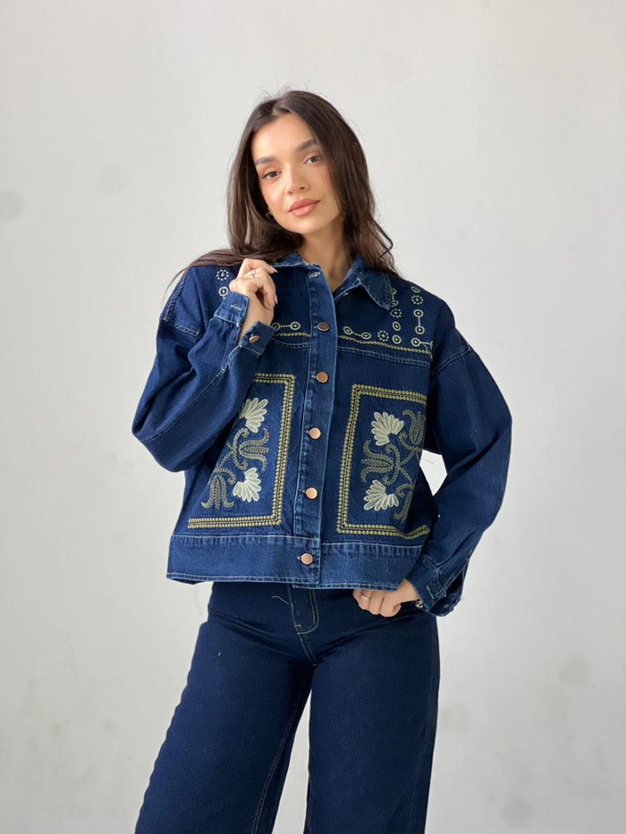 Statement Embroidered Summer Denim Jacket-Dark blue X Mint