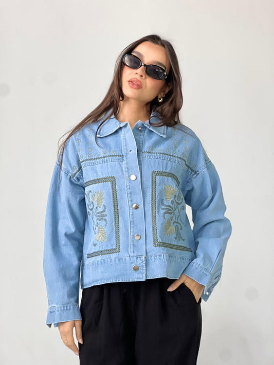 Statement Embroidered Summer Denim Jacket-Light Blue X mint