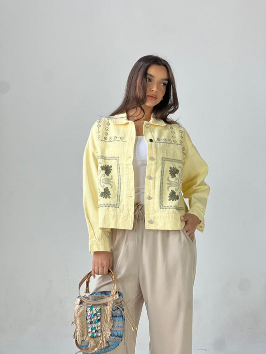 Statement Embroidered Summer Gbrdine Jacket-Yellow X mint