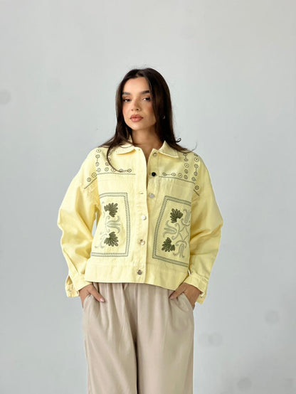 Statement Embroidered Summer Gbrdine Jacket-Yellow X mint
