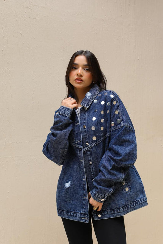 Studs Denim Jacket-Dark Blue