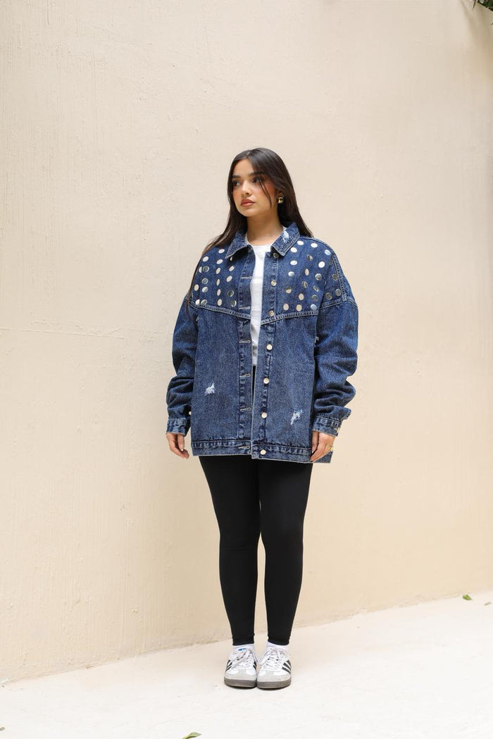Studs Denim Jacket-Dark Blue