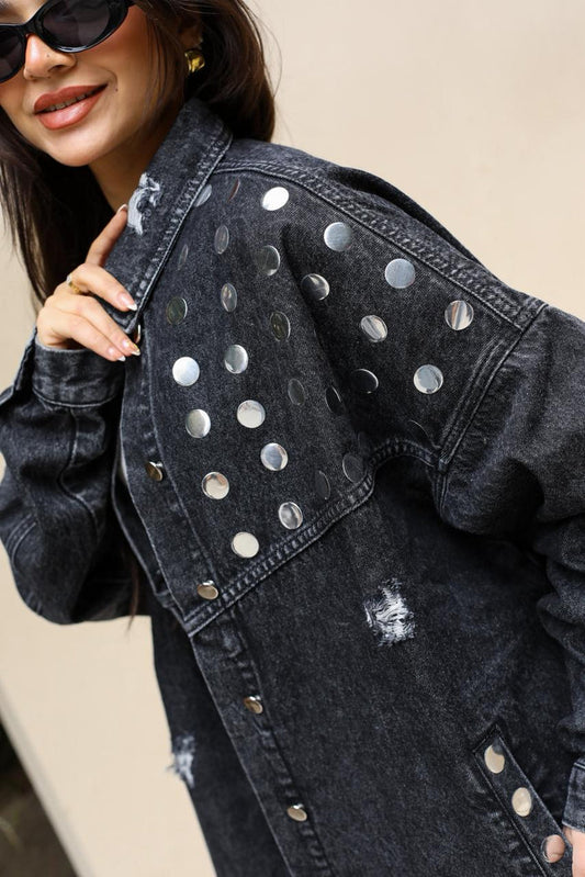 Studs Denim Jacket-Dark Grey