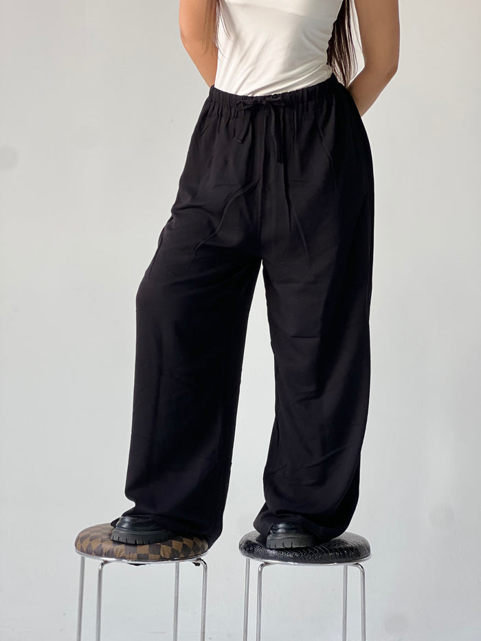 Summer Linen Elastic Waist Pants – Black
