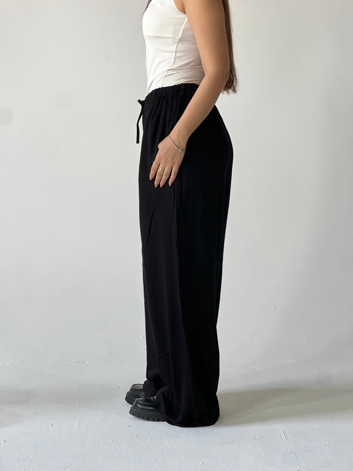 Summer Linen Elastic Waist Pants – Black