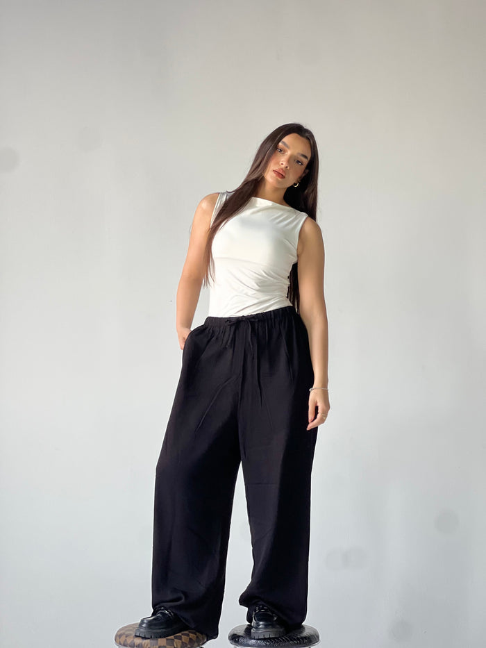 Summer Linen Elastic Waist Pants – Black