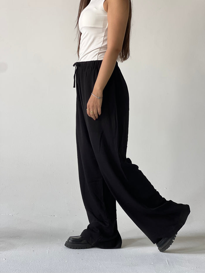 Summer Linen Elastic Waist Pants – Black