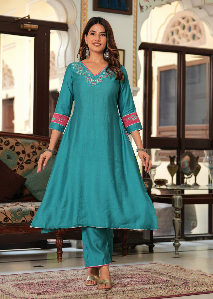 TEAL BLUE PINK EMBROIDERED SOLID SUIT SET