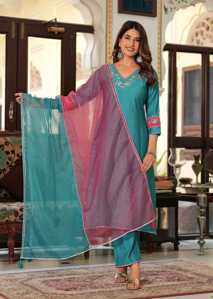 TEAL BLUE PINK EMBROIDERED SOLID SUIT SET