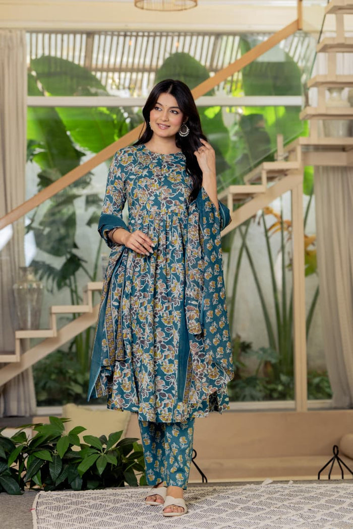 TURQUOISE BLUE PLEATED SUIT SET